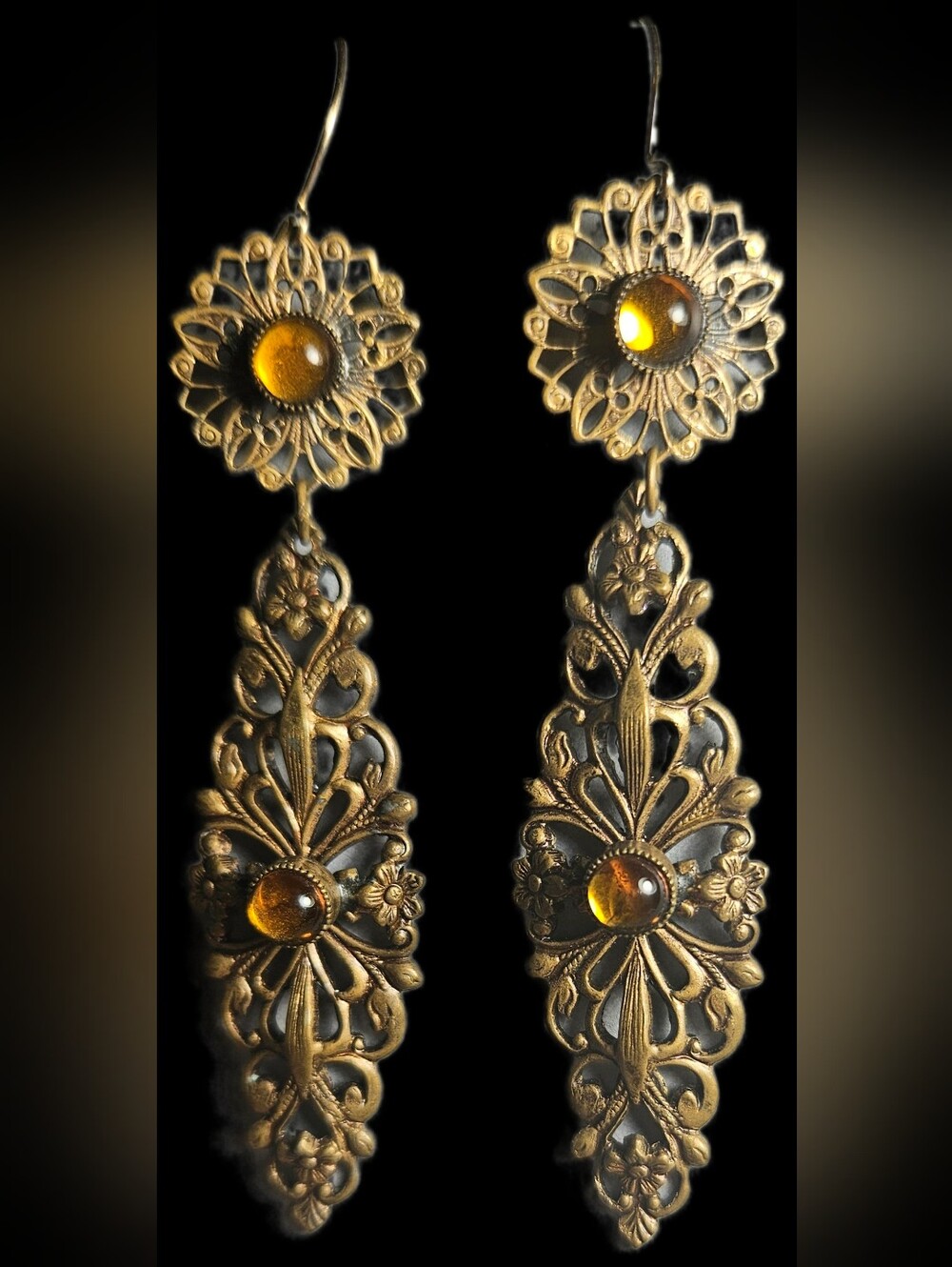 Gold-Tone Filigree Drop Earrings with Amber Stones